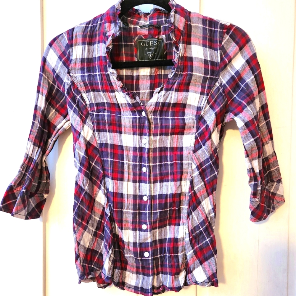 Guess 3/4 Sleeve Distressed Collar Plaid Button-down Blouse